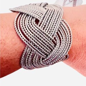 Silver tone wide braided cuff bracelet